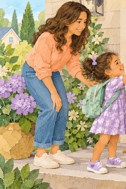 A child greeting a grandparent with a high-five while a parent looks on