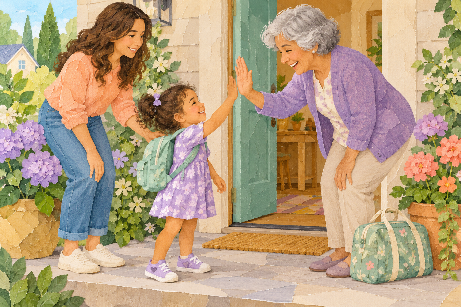 A child greeting a grandparent with a high-five while a parent looks on