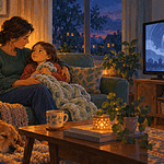 A caregiver listens to a child on a sofa while a muted television shows an abstract globe
