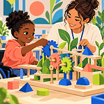 Curious child exploring a complex classroom project with a teacher’s guidance