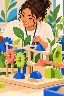 Curious child exploring a complex classroom project with a teacher’s guidance