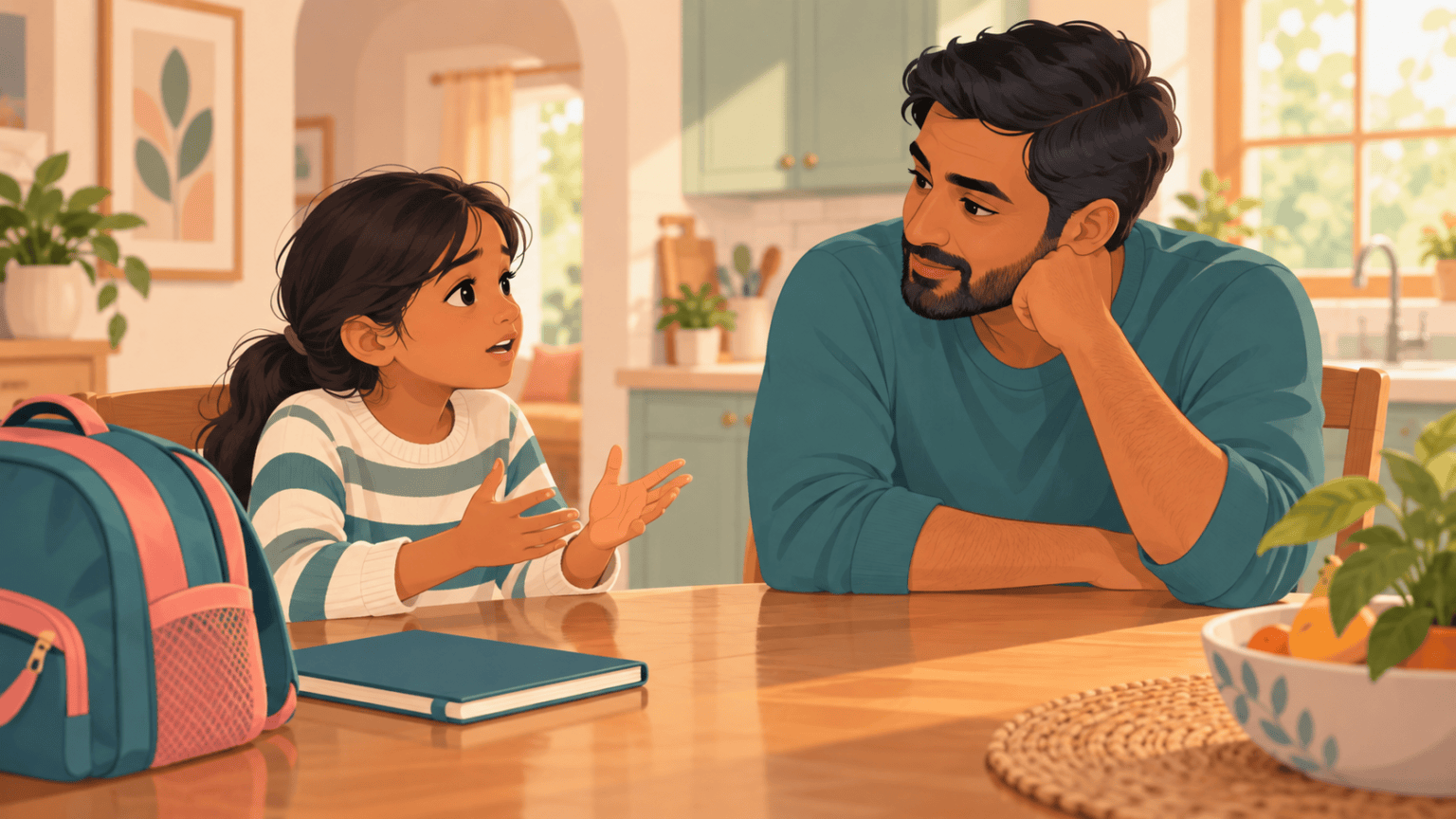 Parent listening calmly as a worried school-age child describes a difficult classroom moment
