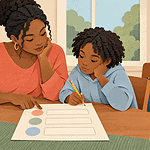 Caregiver and child reviewing a simple school behaviour repair plan together