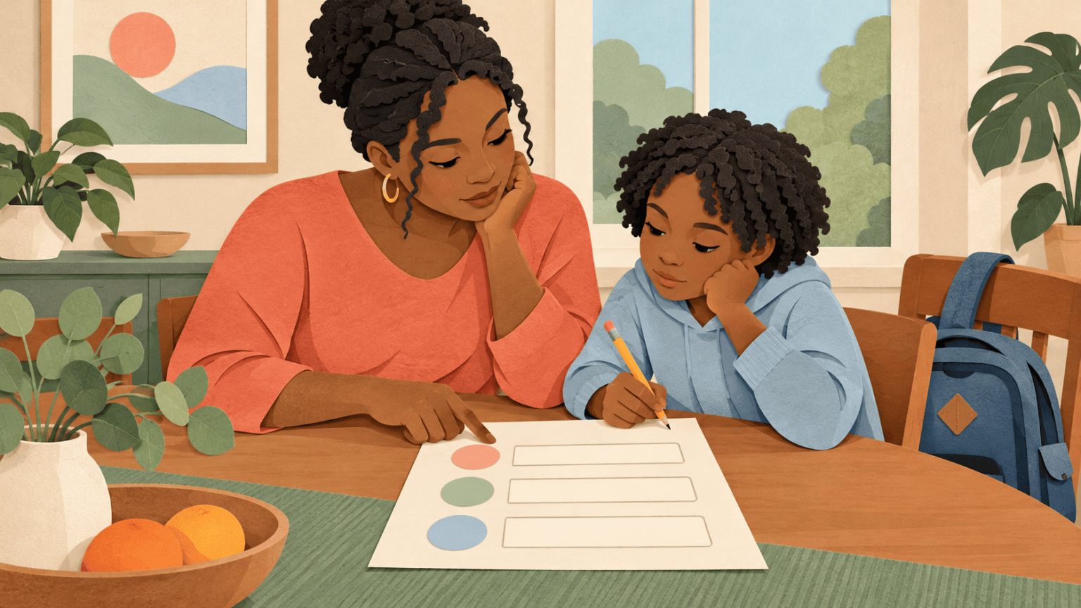 Caregiver and child reviewing a simple school behaviour repair plan together