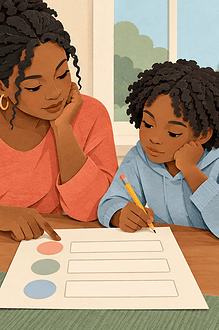 Caregiver and child reviewing a simple school behaviour repair plan together