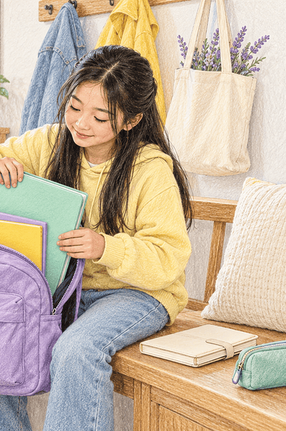 Child using colour-coded folders while a caregiver points to a simple backpack checklist