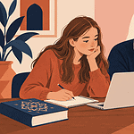 Teen and caregiver calmly discussing an assignment beside a laptop and notebook