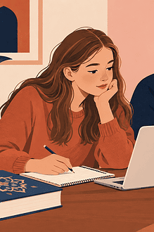 Teen and caregiver calmly discussing an assignment beside a laptop and notebook