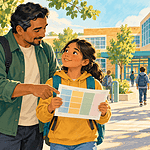 Preteen and caregiver practising a school route with a timetable and backpack