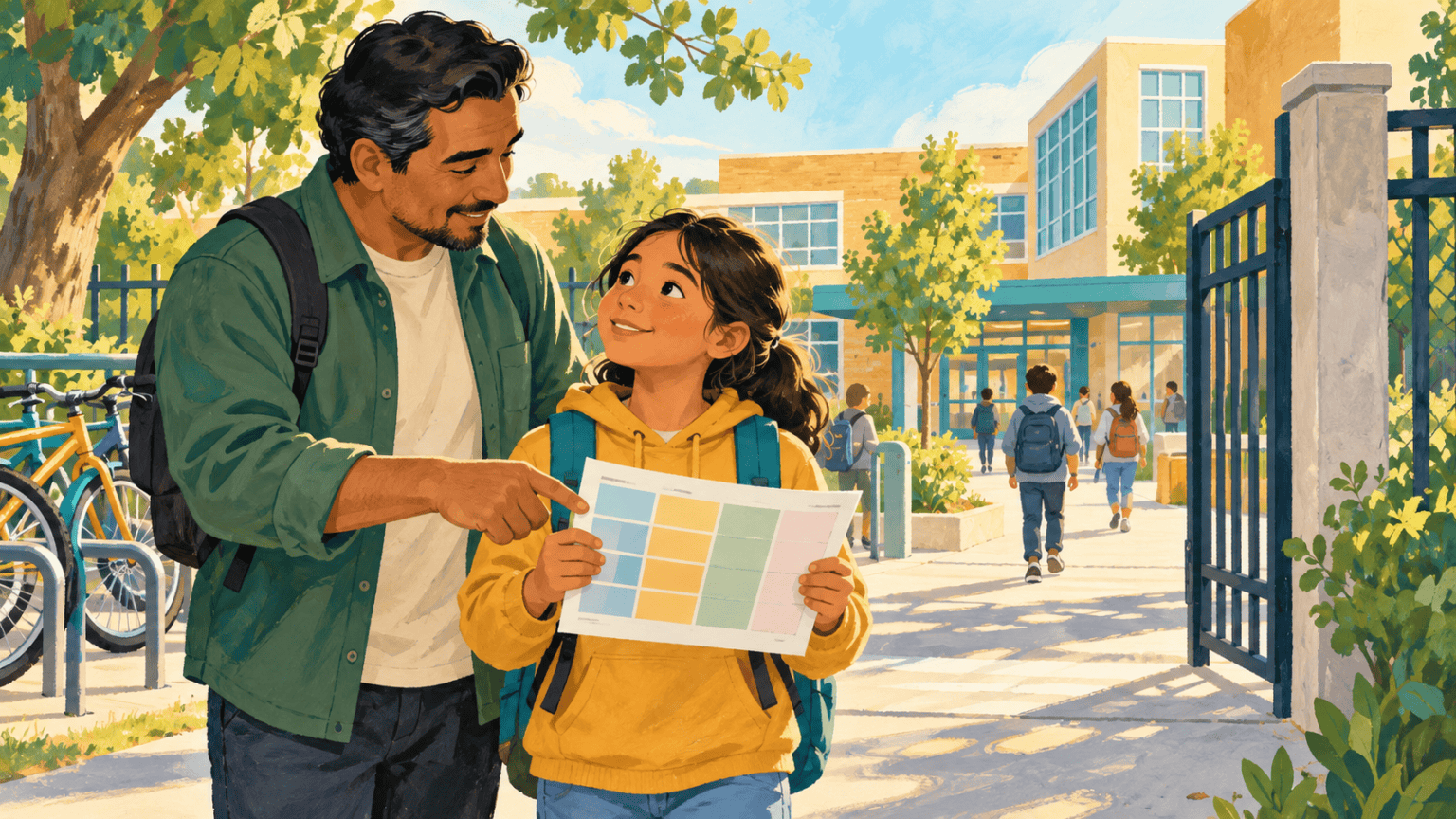 Preteen and caregiver practising a school route with a timetable and backpack