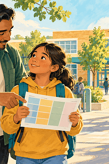 Preteen and caregiver practising a school route with a timetable and backpack
