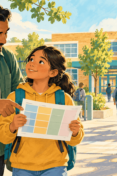 Preteen and caregiver practising a school route with a timetable and backpack