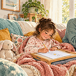 Child recovering at home doing a short school task with a caregiver nearby
