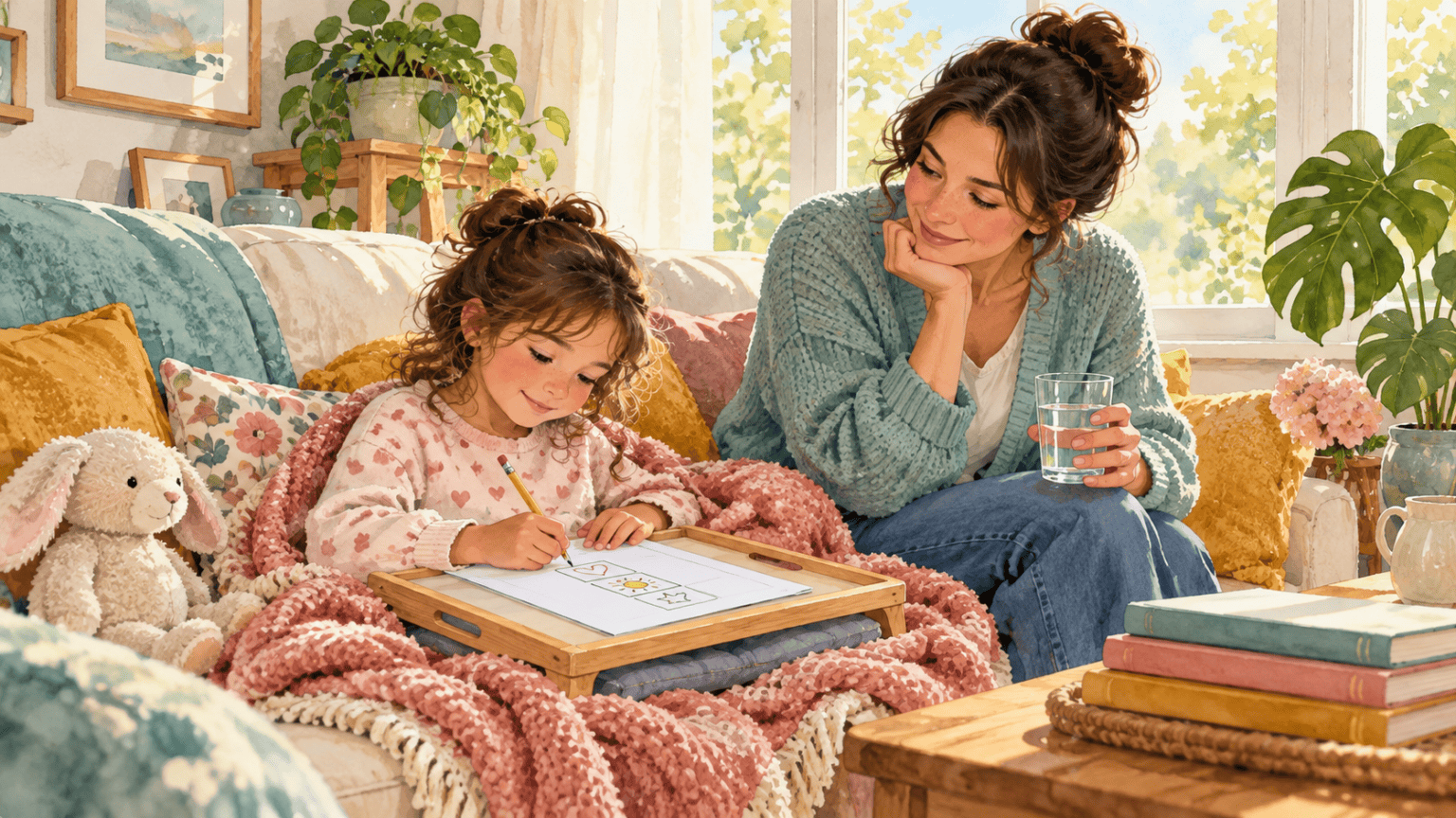 Child recovering at home doing a short school task with a caregiver nearby