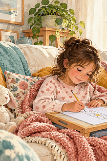Child recovering at home doing a short school task with a caregiver nearby