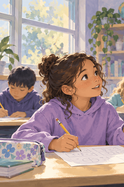 Child asking a teacher for a small hint while continuing their own work