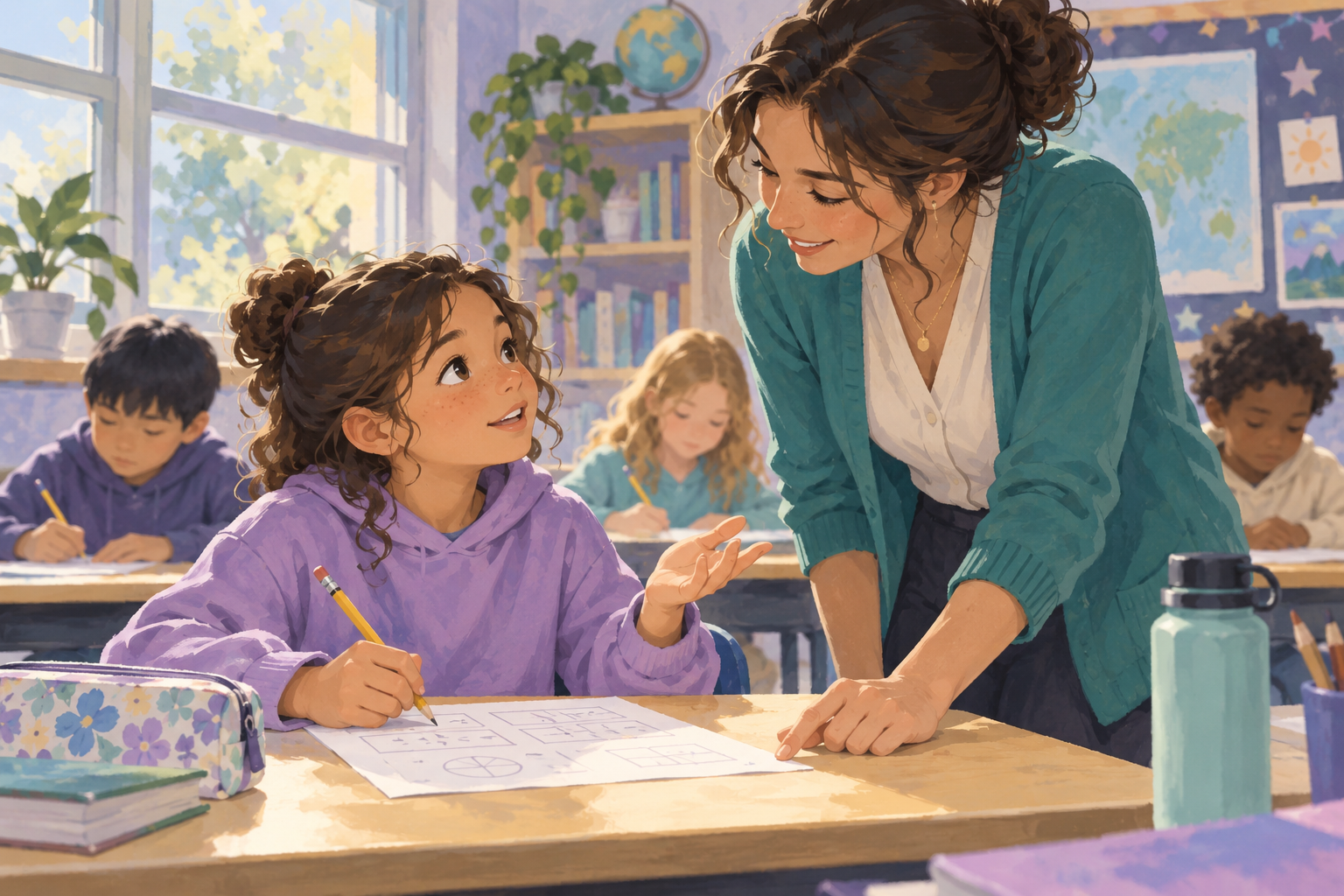 Child asking a teacher for a small hint while continuing their own work