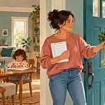 A mother receives a grocery bag from a supportive relative while her child draws nearby