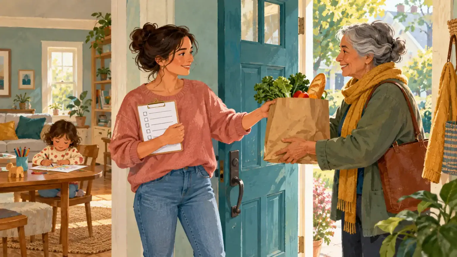 A mother receives a grocery bag from a supportive relative while her child draws nearby