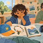 Child considering personal style and hobbies while a caregiver listens