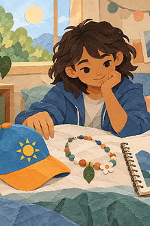Child considering personal style and hobbies while a caregiver listens