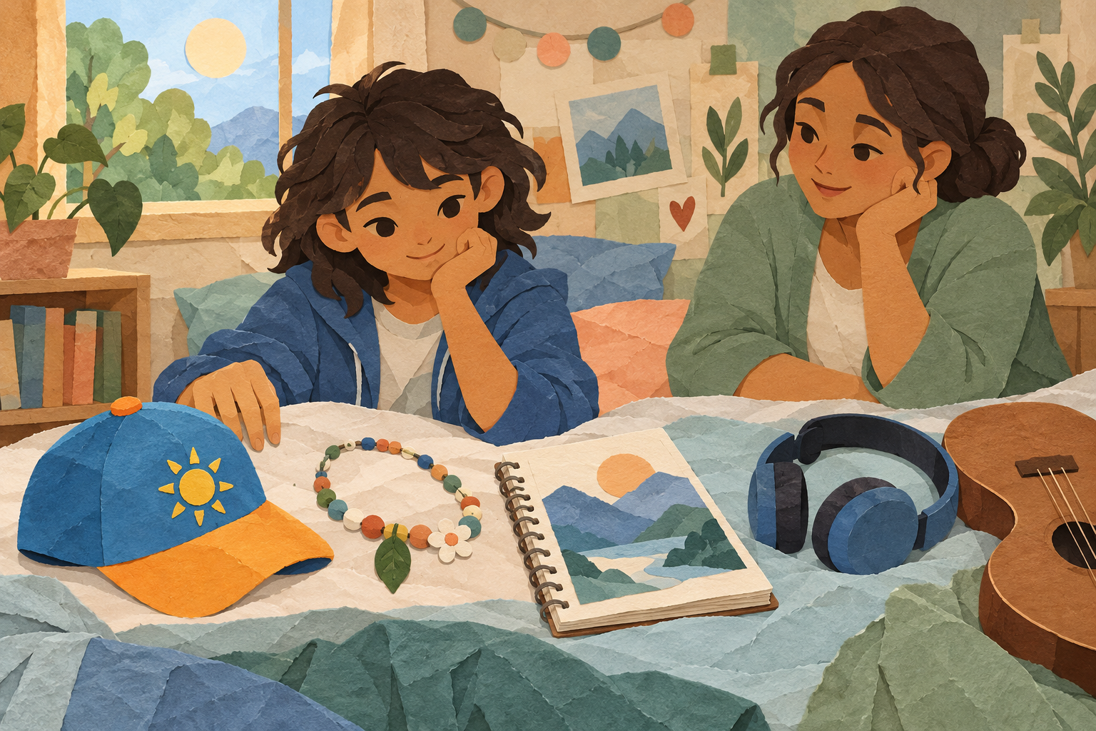 Child considering personal style and hobbies while a caregiver listens