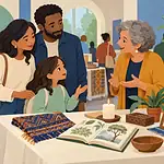 Two children and a caregiver looking together at symbols of varied family traditions in a warm classroom illustration