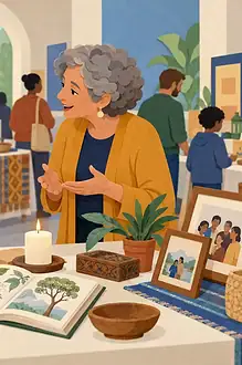 Two children and a caregiver looking together at symbols of varied family traditions in a warm classroom illustration