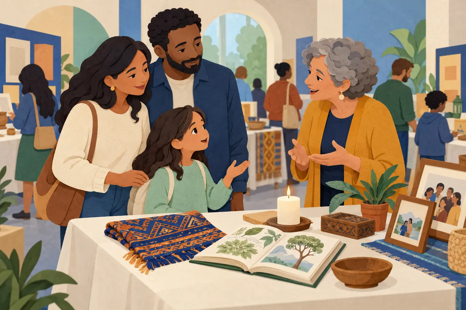 Two children and a caregiver looking together at symbols of varied family traditions in a warm classroom illustration