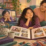 A child standing confidently between two warmly illustrated family spaces connected by a shared path
