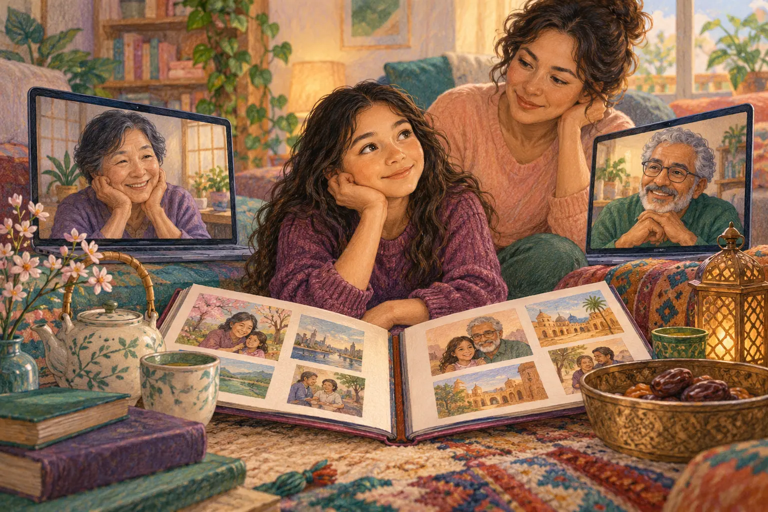 A child standing confidently between two warmly illustrated family spaces connected by a shared path