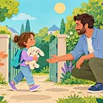 A child with a backpack and stuffed rabbit moves calmly between two parents at a garden gate