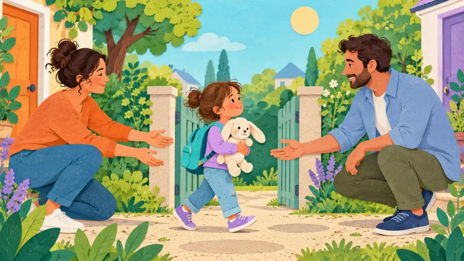 A child with a backpack and stuffed rabbit moves calmly between two parents at a garden gate