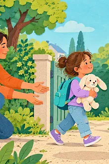 A child with a backpack and stuffed rabbit moves calmly between two parents at a garden gate