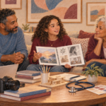 Multigenerational family listening as a teenager shares a creative portfolio