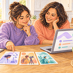 Teen and parent comparing career quiz suggestions with a notebook