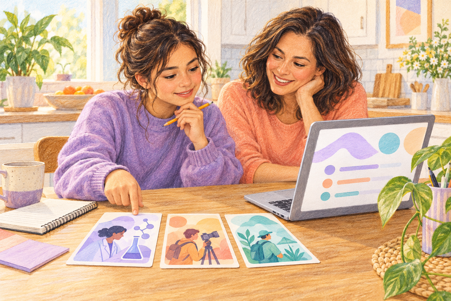 Teen and parent comparing career quiz suggestions with a notebook