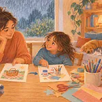 Caregiver and child revising a picnic plan after rain begins