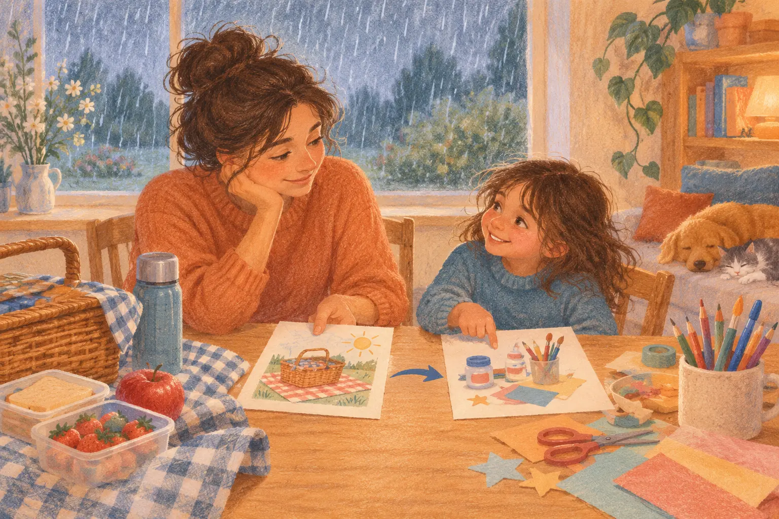 Caregiver and child revising a picnic plan after rain begins