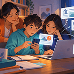 Tween and teen tracing an online claim across a phone and laptop with a caregiver