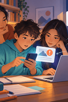 Tween and teen tracing an online claim across a phone and laptop with a caregiver