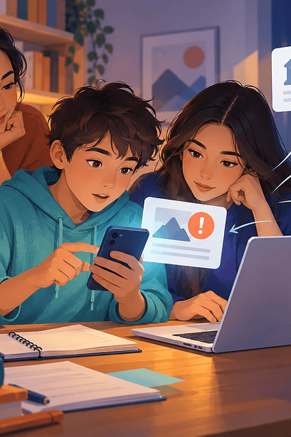 Tween and teen tracing an online claim across a phone and laptop with a caregiver