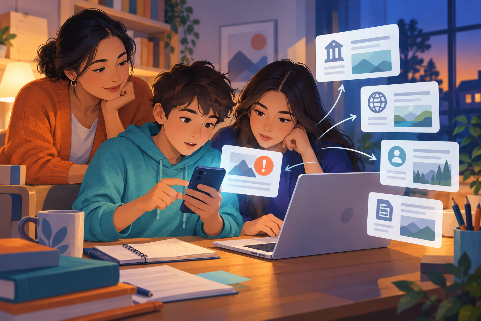 Tween and teen tracing an online claim across a phone and laptop with a caregiver