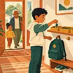 Child placing keys and everyday belongings in an organized entryway