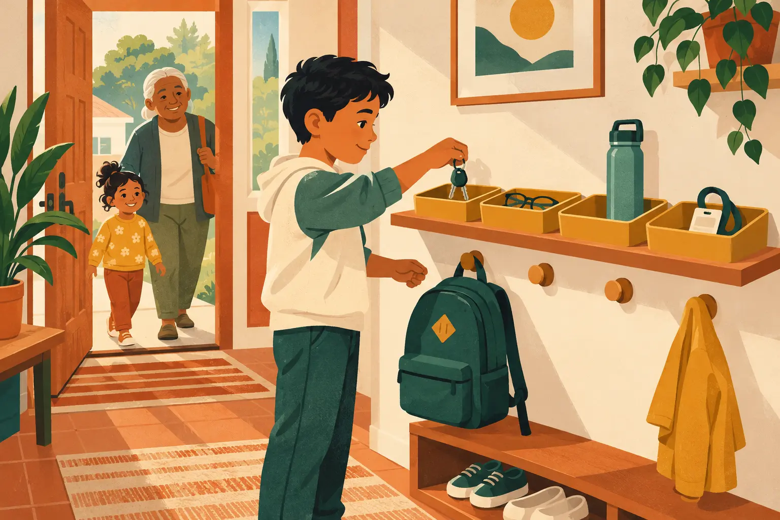 Child placing keys and everyday belongings in an organized entryway