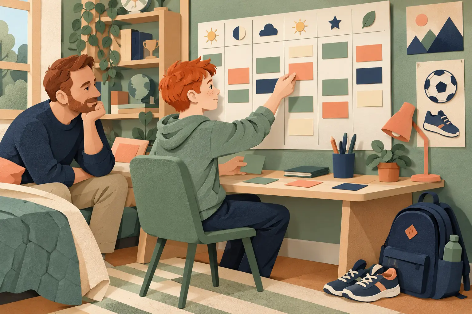 Teen arranging task cards on a weekly planner while a parent listens