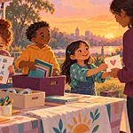 Children pack project supplies and offer a thank-you card after a community event.