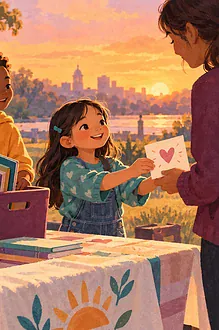 Children pack project supplies and offer a thank-you card after a community event.