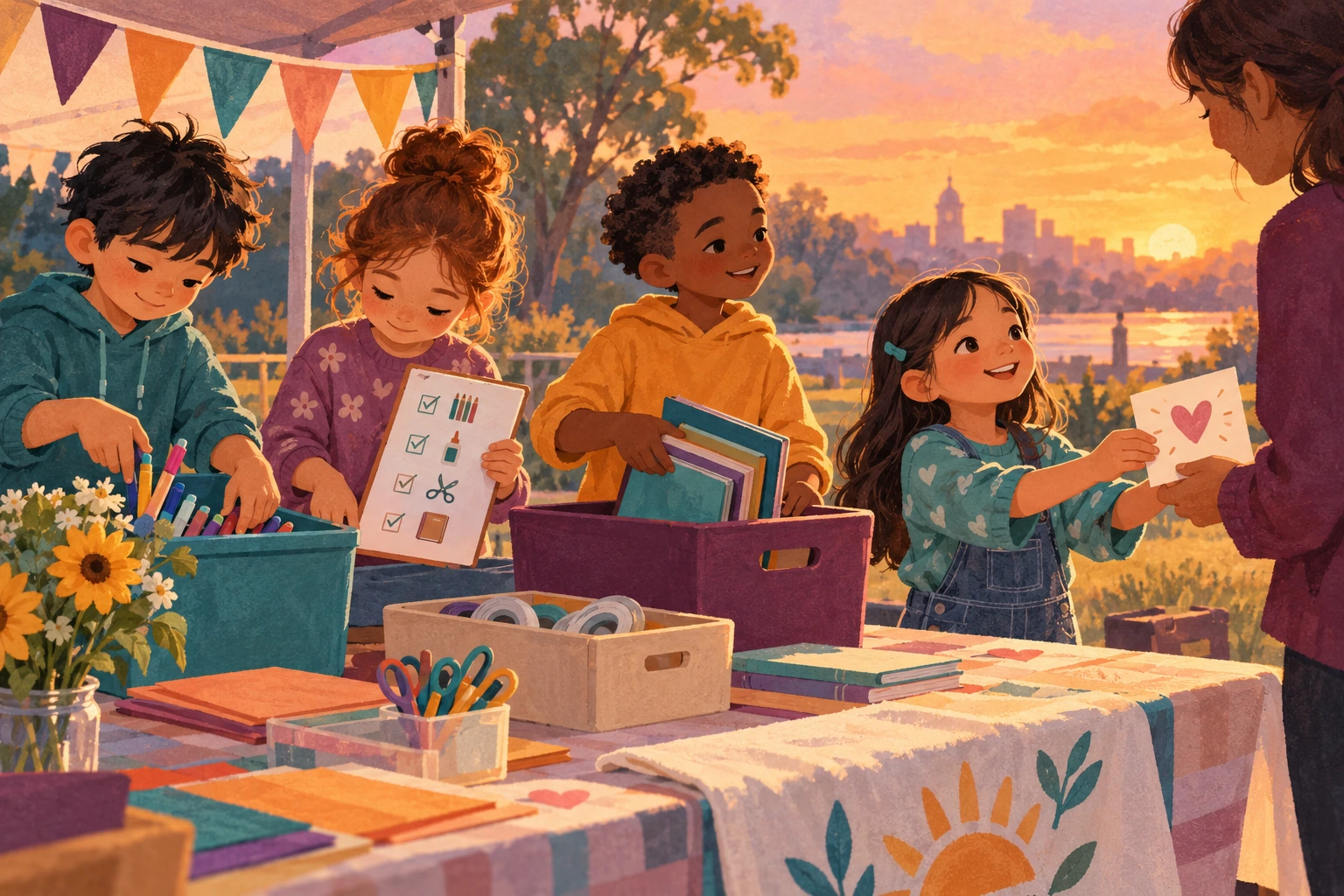 Children pack project supplies and offer a thank-you card after a community event.