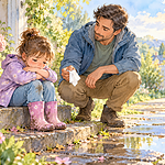 A father quietly offers a tissue to a crying child on garden steps after the rain.
